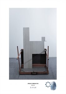 Arte contemporanea dell'artista Maurizio Di Feo. Combinazione in studio con tavolino richiudibile e compensato. Milano.